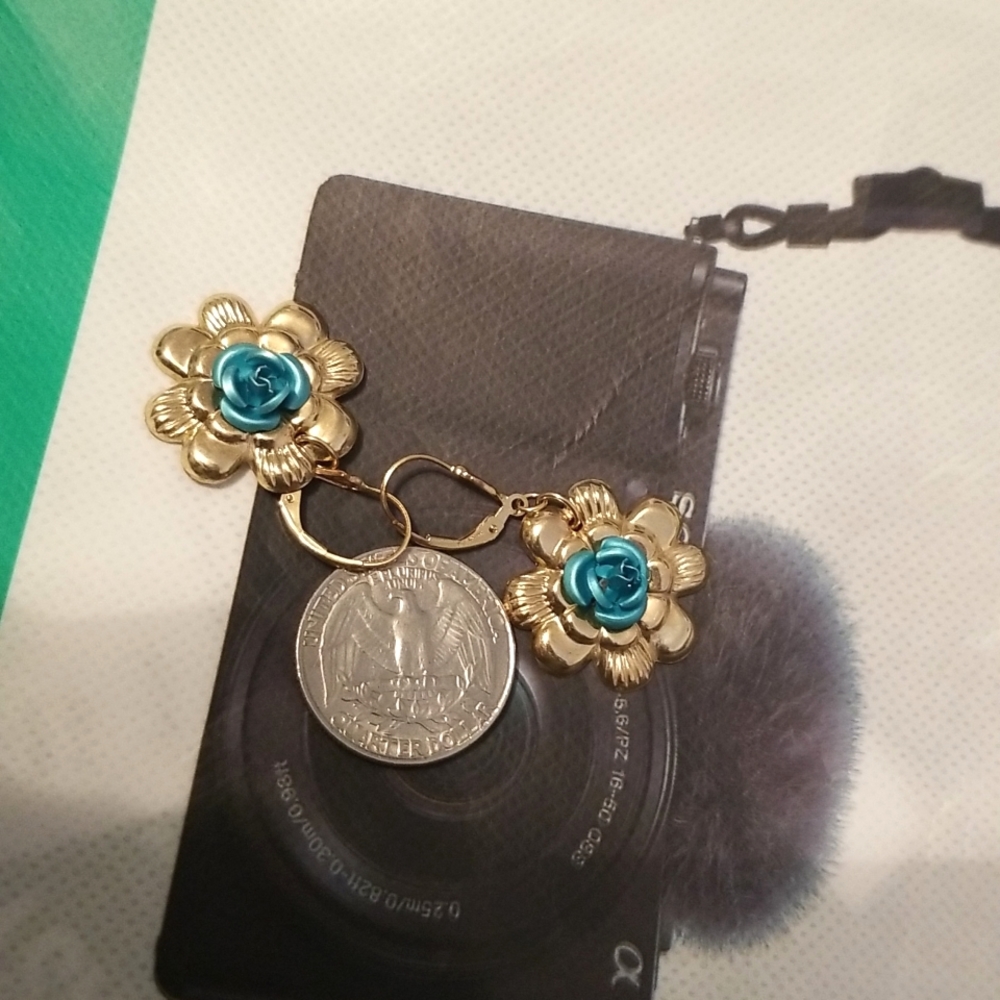 Flower Dangle Earrings Real Gold Filled 14kt Blue Rose Center